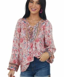 Miss Sparkling Cherry Blossom Floral Print Split Neck Blouse Tops