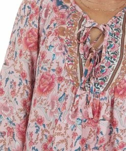 Miss Sparkling Cherry Blossom Floral Print Split Neck Blouse Tops