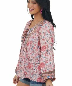 Miss Sparkling Cherry Blossom Floral Print Split Neck Blouse Tops