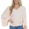 Eesome Tops Cherry Blossom Notch Neck Tassel Tie Woven Top