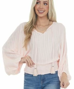 Eesome Tops Cherry Blossom Notch Neck Tassel Tie Woven Top