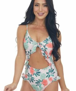 Beach Joy Bikini Cherry Blossom Pink Printed One Piece Swimsuit