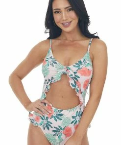 Beach Joy Bikini Cherry Blossom Pink Printed One Piece Swimsuit