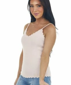 BiBi Cherry Blossom Scalloped Ribbed Knit Tank Top