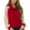 143 Story Cherry Drawstring Cowl Neck Top With Cheetah Print Sleeves