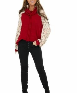 143 Story Cherry Drawstring Cowl Neck Top With Cheetah Print Sleeves