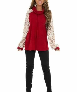143 Story Cherry Drawstring Cowl Neck Top With Cheetah Print Sleeves