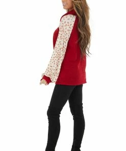 143 Story Cherry Drawstring Cowl Neck Top With Cheetah Print Sleeves
