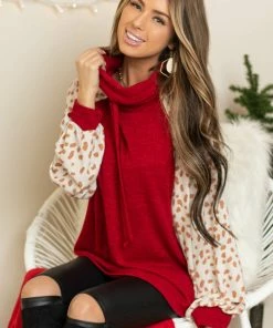 143 Story Cherry Drawstring Cowl Neck Top With Cheetah Print Sleeves