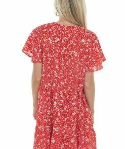 Jodifl Cherry Floral Button Up Babydoll Ruffle Dress