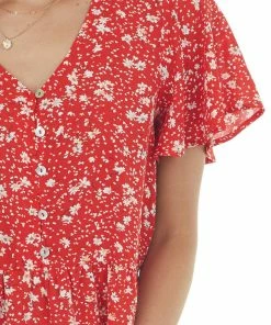 Jodifl Cherry Floral Button Up Babydoll Ruffle Dress