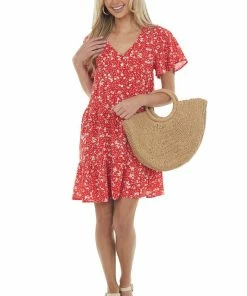 Jodifl Cherry Floral Button Up Babydoll Ruffle Dress