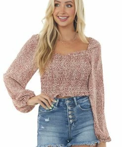 She + Sky Cherry Printed Puff Sleeve Smocked Blouse