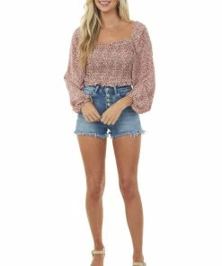 She + Sky Cherry Printed Puff Sleeve Smocked Blouse