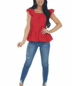 Entro Cherry Square Neck Ruffle Tiered Blouse