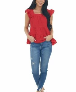 Entro Cherry Square Neck Ruffle Tiered Blouse