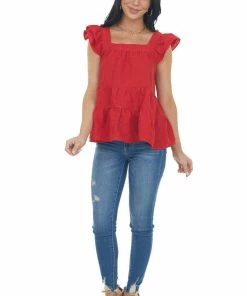 Entro Cherry Square Neck Ruffle Tiered Blouse