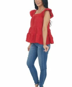 Entro Cherry Square Neck Ruffle Tiered Blouse