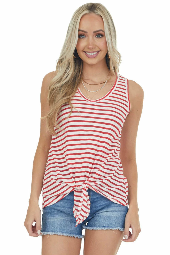 Hailey & Co Cherry Striped Front Knot Scoop Neck Tank Top Tops 3 Hailey & Co Cherry Striped Front Knot Scoop Neck Tank Top Tops