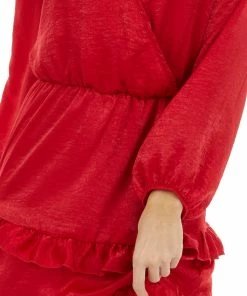 Peach Love Cherry Surplice Ruffled Satin Mini Dress With Elastic Waist Dresses