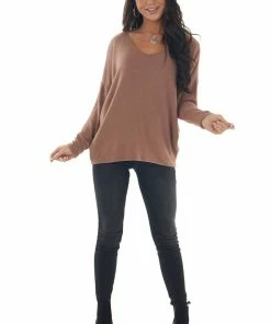 143 Story Chestnut Drop Shoulder Soft Brushed Knit Top Tops