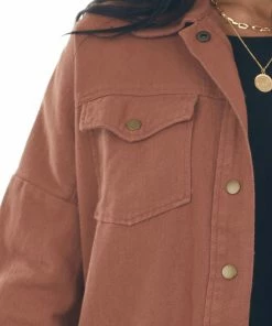 143 Story Chestnut Frayed Hem Denim Shirt Jacket Tops