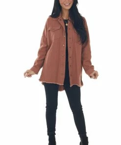 143 Story Chestnut Frayed Hem Denim Shirt Jacket Tops