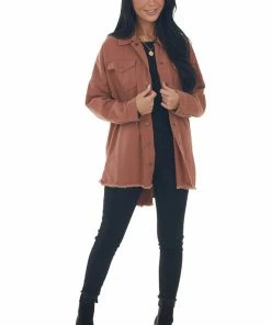 143 Story Chestnut Frayed Hem Denim Shirt Jacket Tops