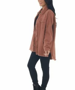 143 Story Chestnut Frayed Hem Denim Shirt Jacket Tops