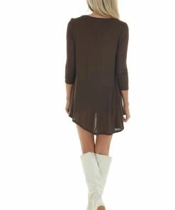CY Fashion Chocolate Brown 3/4 Sleeve Knit Top With Caged Neckline Tops