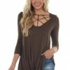 CY Fashion Chocolate Brown 3/4 Sleeve Knit Top With Caged Neckline Tops 2 CY Fashion Chocolate Brown 3/4 Sleeve Knit Top With Caged Neckline Tops
