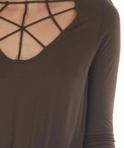 CY Fashion Chocolate Brown 3/4 Sleeve Knit Top With Caged Neckline Tops