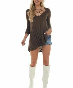 CY Fashion Chocolate Brown 3/4 Sleeve Knit Top With Caged Neckline Tops