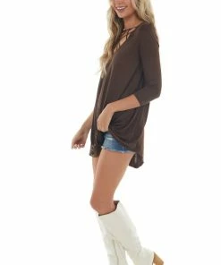 CY Fashion Chocolate Brown 3/4 Sleeve Knit Top With Caged Neckline Tops