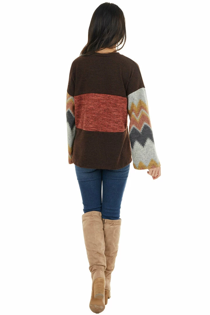 RAE MODE Chocolate Brown And Marsala Knit Top With Aztec Print Sleeve Tops 9 RAE MODE Chocolate Brown And Marsala Knit Top With Aztec Print Sleeve Tops