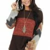 RAE MODE Chocolate Brown And Marsala Knit Top With Aztec Print Sleeve Tops