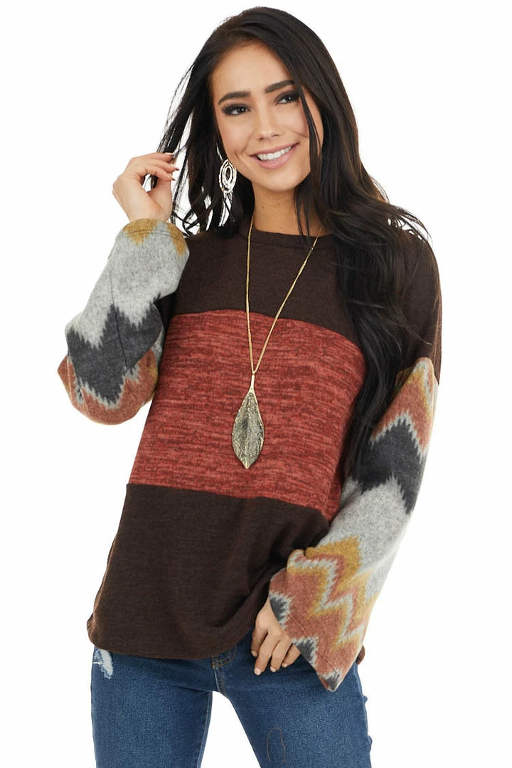 RAE MODE Chocolate Brown And Marsala Knit Top With Aztec Print Sleeve Tops 3 RAE MODE Chocolate Brown And Marsala Knit Top With Aztec Print Sleeve Tops