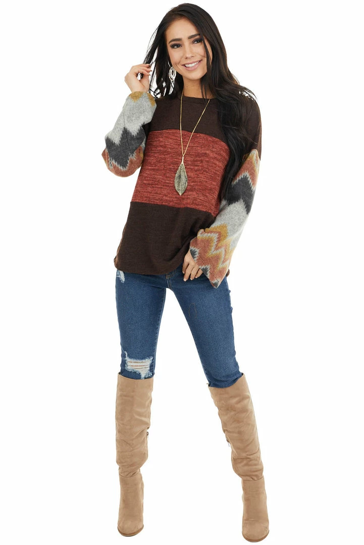 RAE MODE Chocolate Brown And Marsala Knit Top With Aztec Print Sleeve Tops 4 RAE MODE Chocolate Brown And Marsala Knit Top With Aztec Print Sleeve Tops