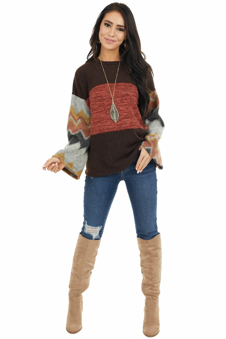 RAE MODE Chocolate Brown And Marsala Knit Top With Aztec Print Sleeve Tops 5 RAE MODE Chocolate Brown And Marsala Knit Top With Aztec Print Sleeve Tops