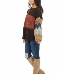 RAE MODE Chocolate Brown And Marsala Knit Top With Aztec Print Sleeve Tops 23 RAE MODE Chocolate Brown And Marsala Knit Top With Aztec Print Sleeve Tops
