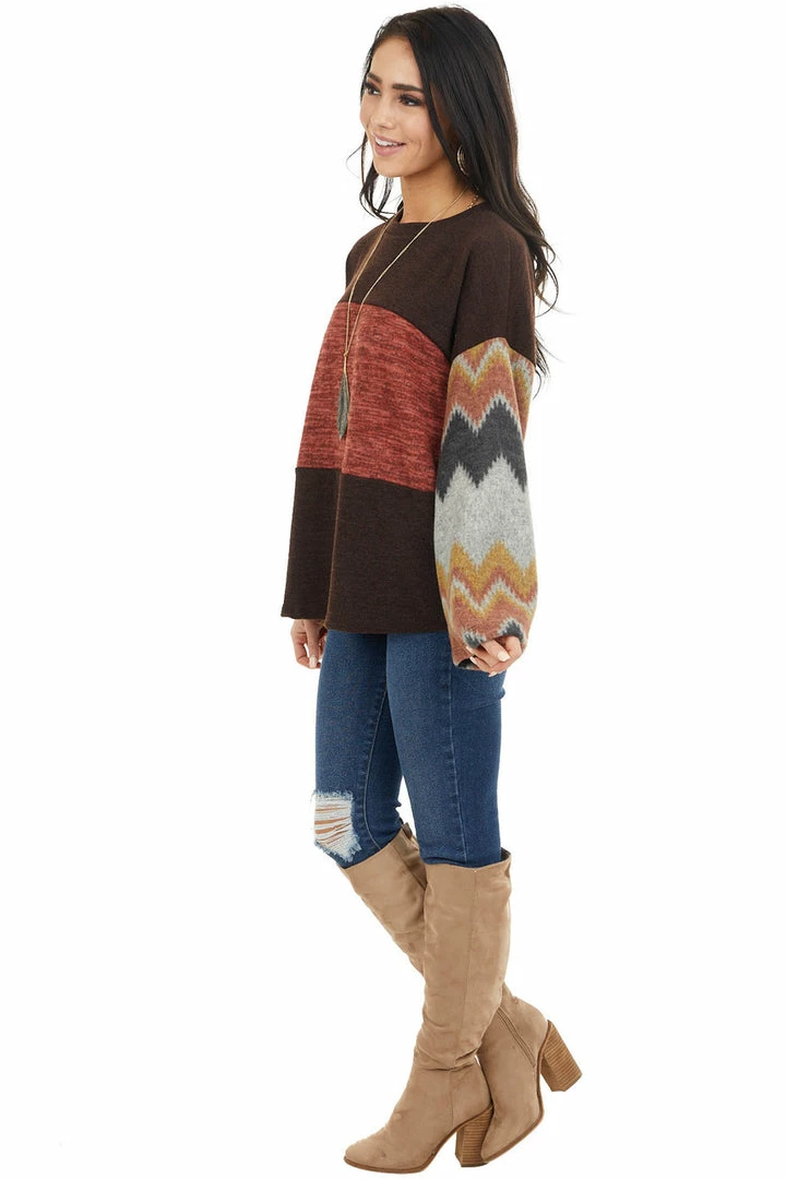 RAE MODE Chocolate Brown And Marsala Knit Top With Aztec Print Sleeve Tops 8 RAE MODE Chocolate Brown And Marsala Knit Top With Aztec Print Sleeve Tops