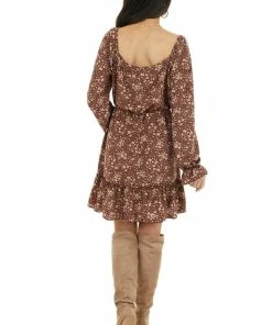 Peach Love Dresses Chocolate Floral Print Long Sleeve Dress With Elastic Waist