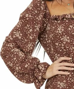 Peach Love Dresses Chocolate Floral Print Long Sleeve Dress With Elastic Waist