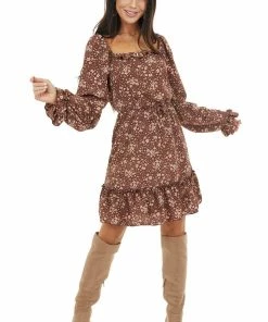 Peach Love Dresses Chocolate Floral Print Long Sleeve Dress With Elastic Waist
