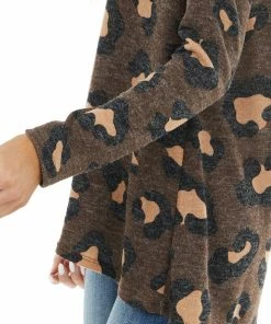 BiBi Chocolate Leopard Print Round Neck Long Sleeve Knit Top Tops