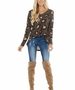 BiBi Chocolate Leopard Print Round Neck Long Sleeve Knit Top Tops