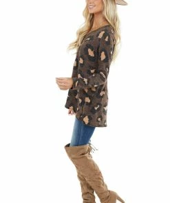 BiBi Chocolate Leopard Print Round Neck Long Sleeve Knit Top Tops