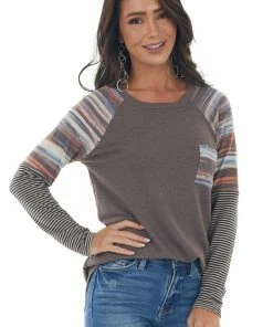 Staccato Chocolate Long Multiprint Sleeve Knit Top Tops