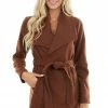 Be Cool Outerwear Chocolate Open Front Fleece Coat With Pockets And Front Tie