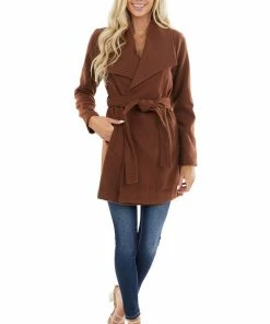 Be Cool Outerwear Chocolate Open Front Fleece Coat With Pockets And Front Tie